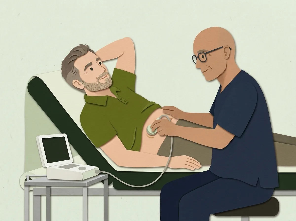Marco ligt met zijn rechterarm achter zijn hoofd terwijl een verpleegkundige een ronde meetkop tussen zijn onderste ribben houdt, aangesloten op een FibroScan-apparaat